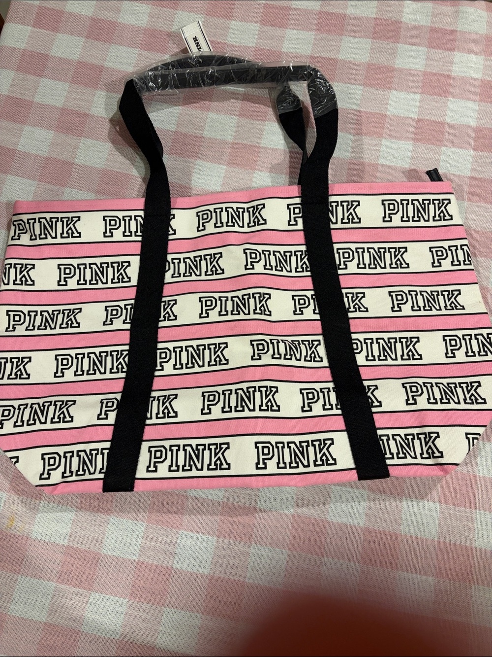 PINK Victoria's Secret Striped Logo Tote in Pink, White & Black& Pink